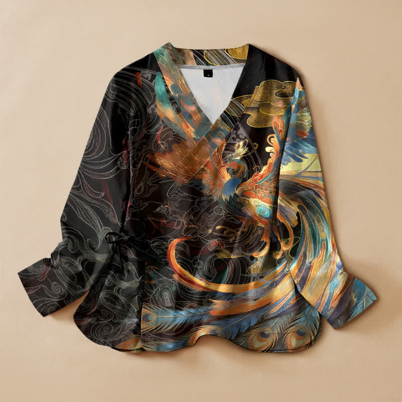 Buddha Stones 綿素材の金鳳凰雲プリント漢服風ラップVネックレースアップレディース長袖シャツ着物 - 黒 - US16、 UK/AU20、 EU48 (3XL) - image 0
