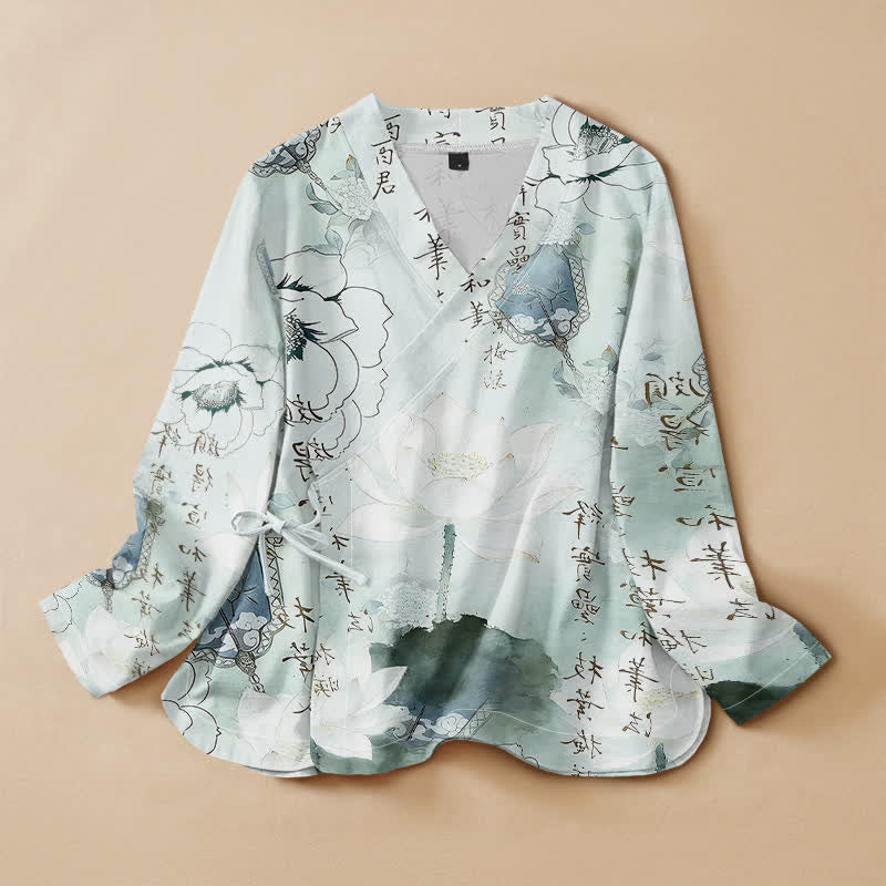Buddha Stones コットンインク蓮の書道プリント漢服風ラップVネックレースアップレディース長袖シャツ着物 - アリスブルー - US16、 UK/AU20、 EU48 (3XL) - image 0