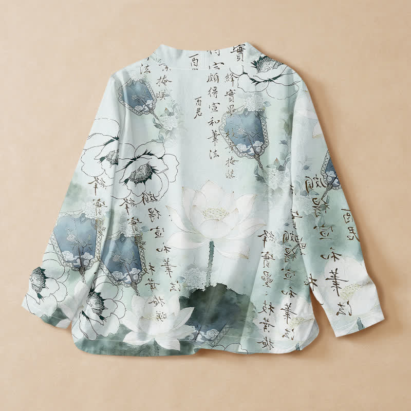 Buddha Stones コットンインク蓮の書道プリント漢服風ラップVネックレースアップレディース長袖シャツ着物 - image 1