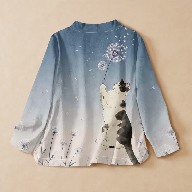 Buddha Stones 綿素材のタンポポ猫柄漢服風ラップVネックレースアップレディース長袖シャツ着物 - image 1