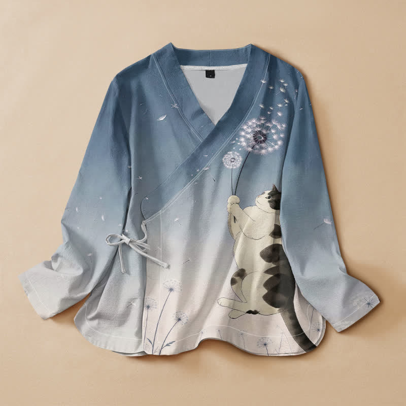 Buddha Stones 綿素材のタンポポ猫柄漢服風ラップVネックレースアップレディース長袖シャツ着物 - スチールブルー - US16、 UK/AU20、 EU48 (3XL) - image 0