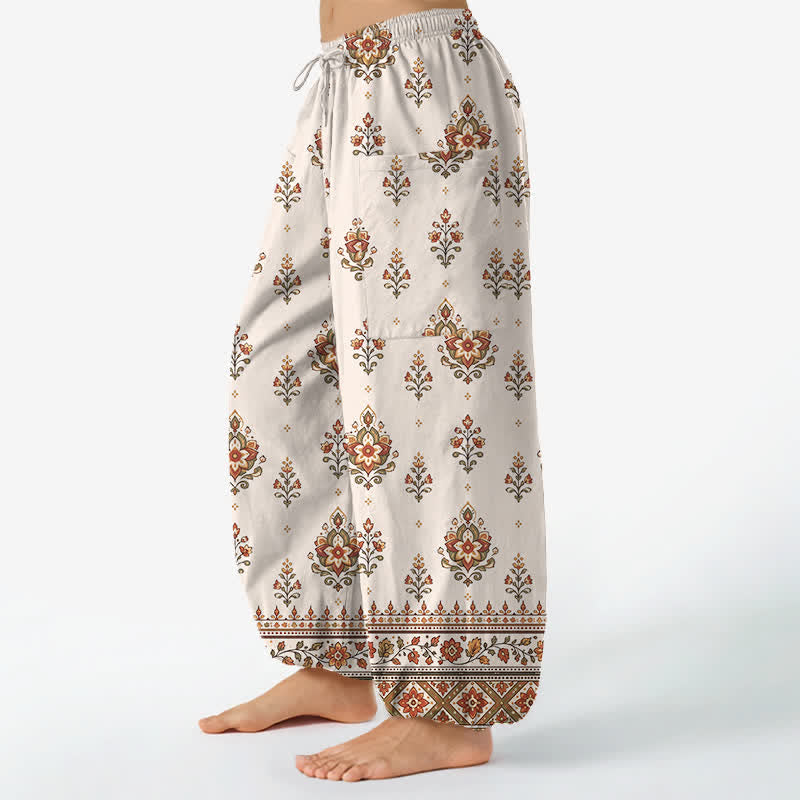 Buddha Stones コットン素材、ボヘミアン風エスニックフローラル柄、レディース用ゴムウエストハーレムパンツ（サイドポケット付き） - image 1
