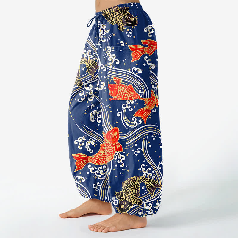 Buddha Stones 綿素材の鯉の波模様入りレディースゴムウエストハーレムパンツ（サイドポケット付き） - image 1