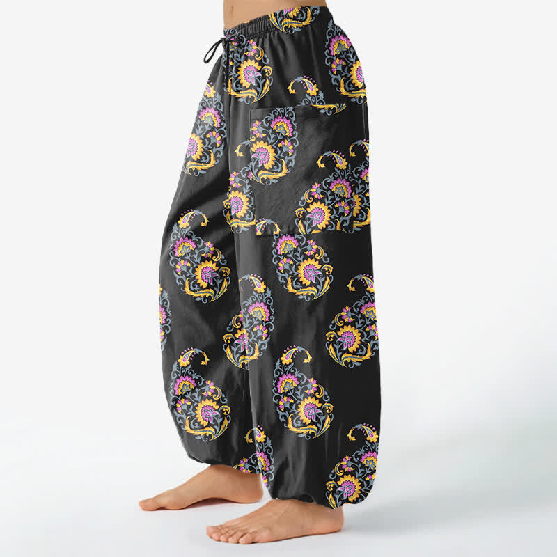 Buddha Stones コットン素材、ボヘミアンペルシャペイズリー柄、レディース用ゴムウエストハーレムパンツ（サイドポケット付き） - image 1
