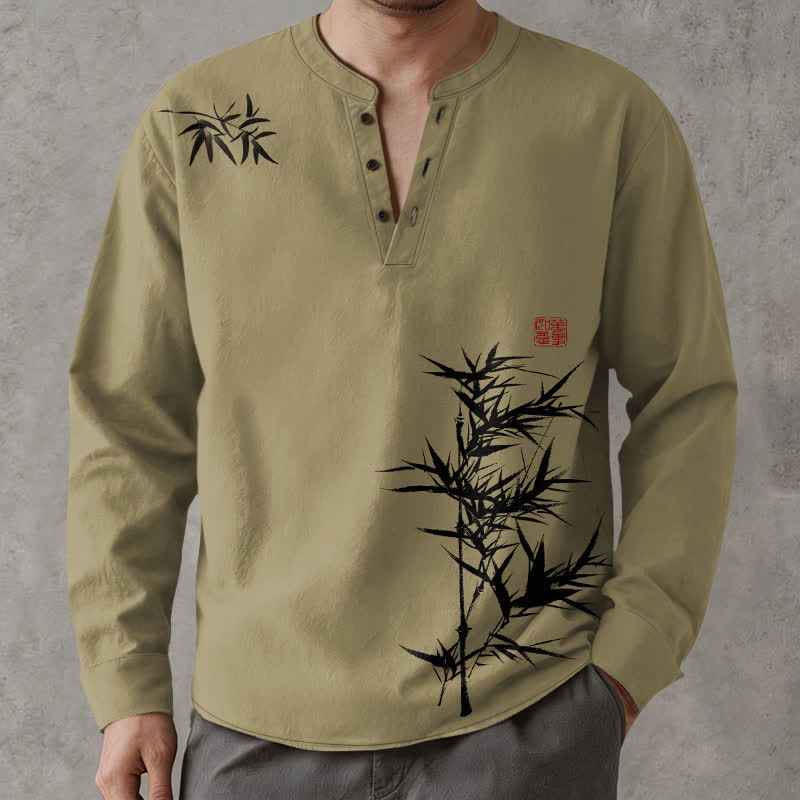 Buddha Stones コットンインク竹柄Vネックボタン付きメンズ長袖シャツ - image 1