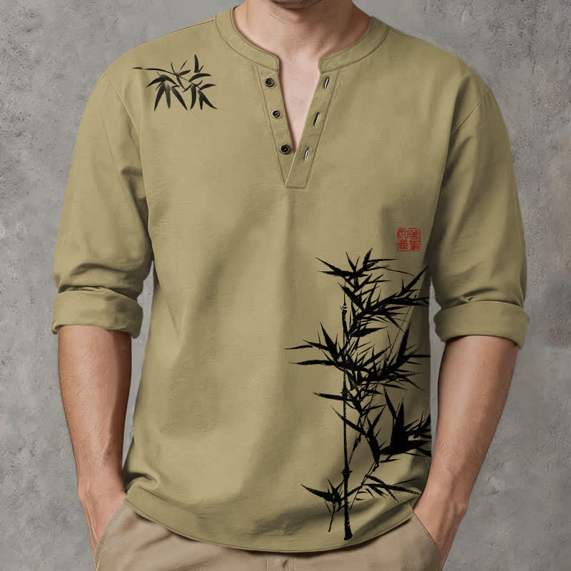 Buddha Stones コットンインク竹柄Vネックボタン付きメンズ長袖シャツ - ダークカーキ - US/UK/AU48、 EU58 (4XL) - image 0