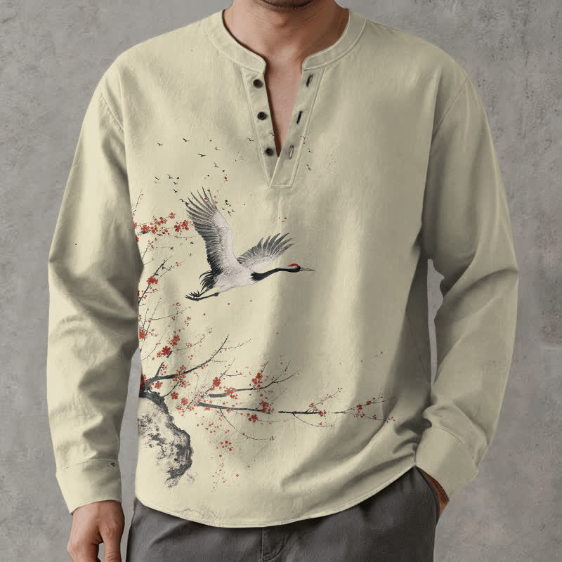 Buddha Stones コットンインク 鶴の花柄 Vネックボタン メンズ長袖シャツ - リネン - US/UK/AU48、 EU58 (4XL) - image 0