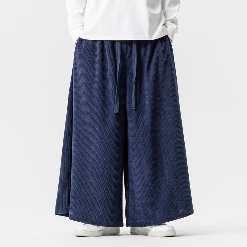 Buddha Stones 秋冬向け シンプル クラシック ドローストリング 無地 コーデュロイ アンクルパンツ メンズ ワイドレッグパンツ ポケット付き - ミッドナイトブルー - US/UK/AU46、 EU56 (5XL) - image 0