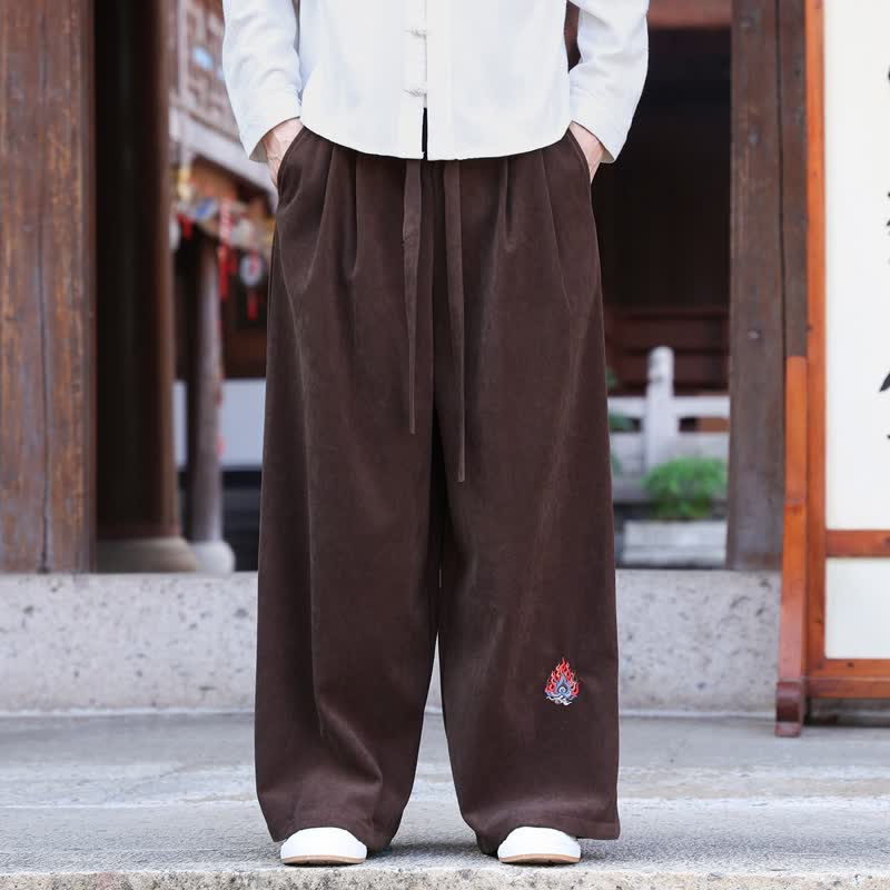 Buddha Stones 秋冬カジュアルヴィンテージドローストリング刺繍無地ロングパンツメンズストレートレッグパンツポケット付き - サドルブラウン - US/UK/AU46、 EU56 (5XL) - image 0