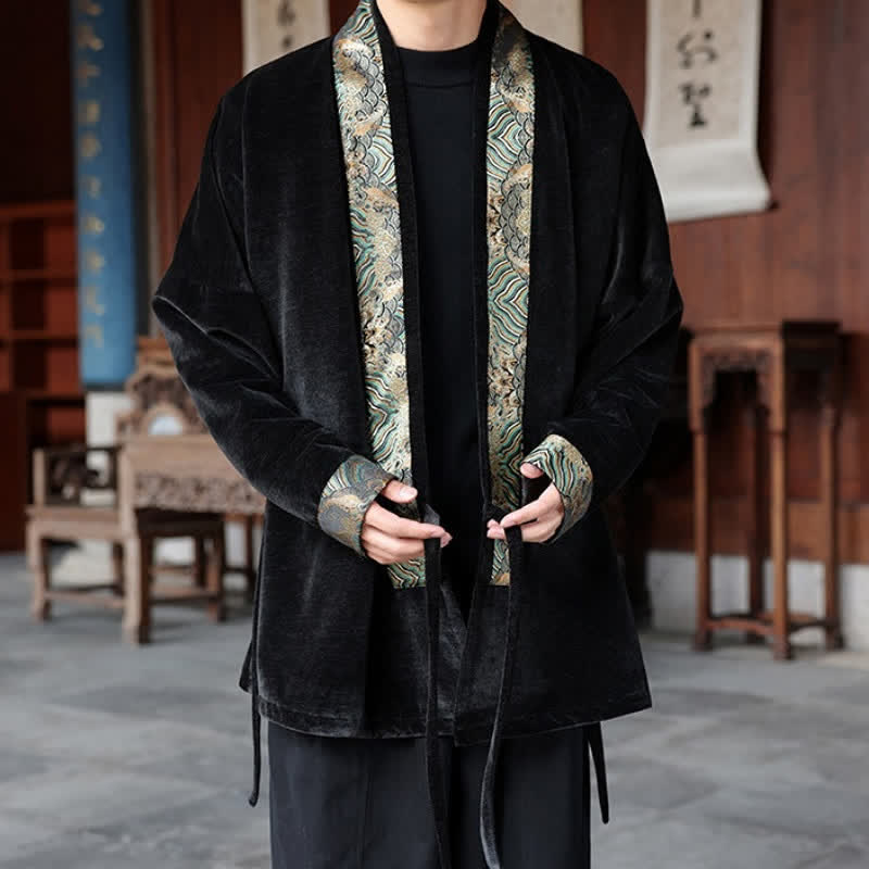 Buddha Stones 秋冬 唐スタイル ヴィンテージ ドローストリング ウェーブトリム メンズ着物 - image 1