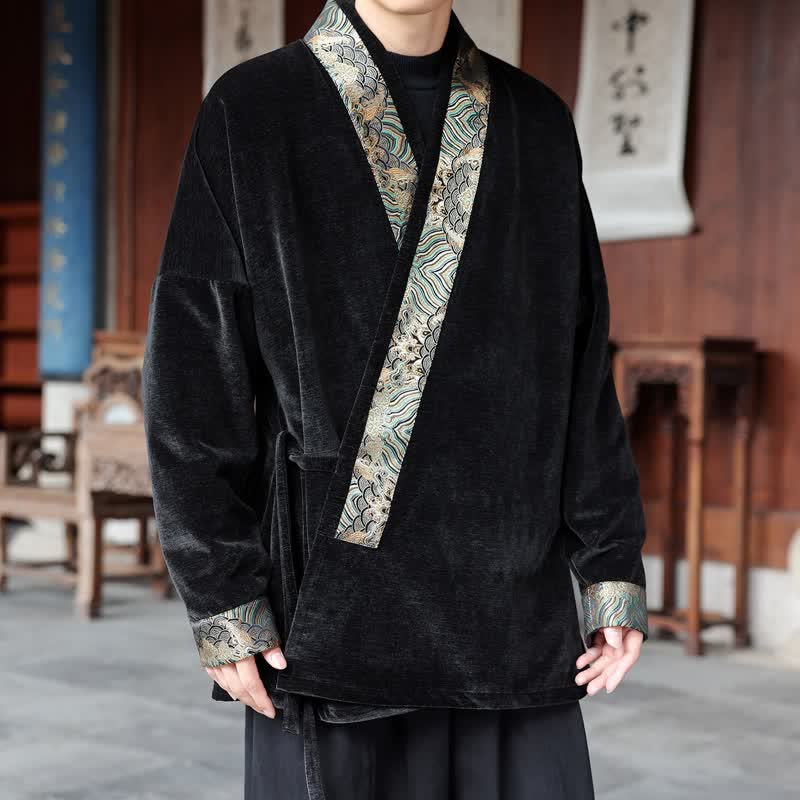 Buddha Stones 秋冬 唐スタイル ヴィンテージ ドローストリング ウェーブトリム メンズ着物 - 黒 - US/UK/AU46、 EU56 (5XL) - image 0