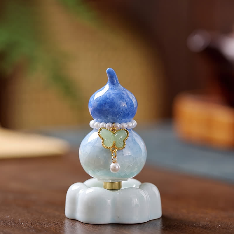Buddha Stones 陶器製の蝶の形をした回転式ひょうたん型インテリア（マインドフル・リビング・デコレーション） - ひょうたん（ダークブルー）＋ライトグリーンの蝶＋ブルーのベース - image 0