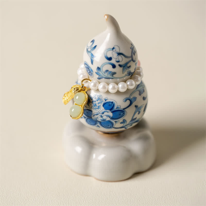 Buddha Stones 青と白の陶器製回転式ひょうたん蓮模様 マインドフル・リビング装飾 - 白い台座　約4.8cm×4.8cm×8.5cm - image 0