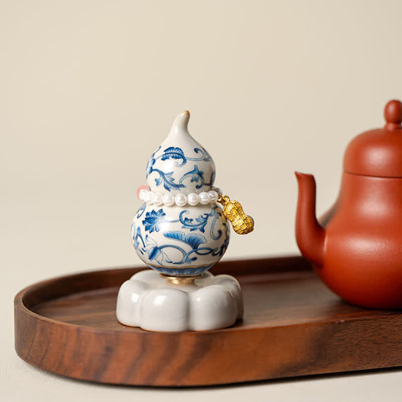 Buddha Stones 青と白の陶器製回転式ひょうたん蓮模様 マインドフル・リビング装飾 - image 1