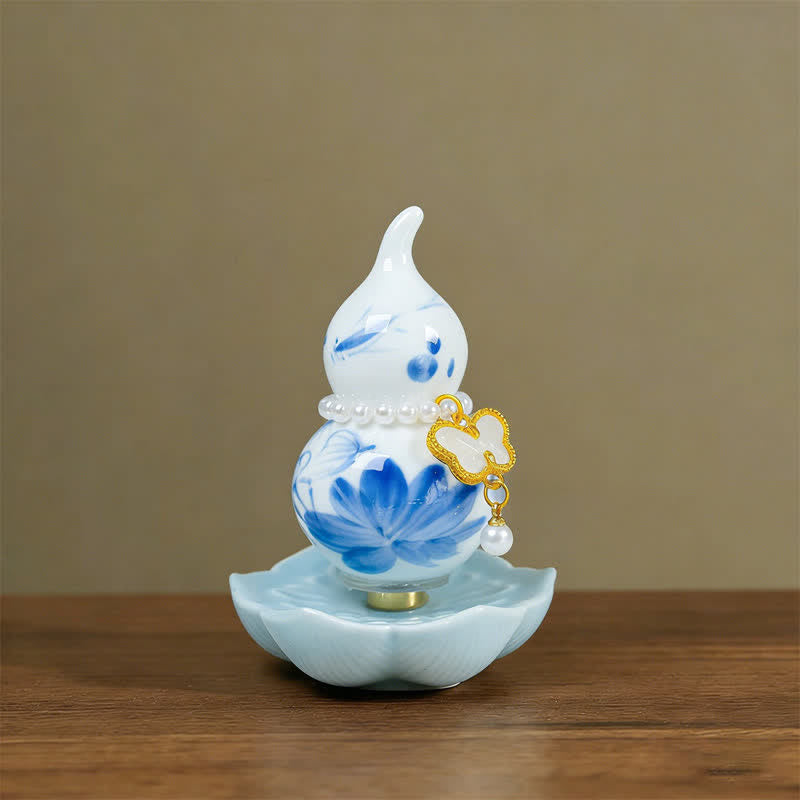 Buddha Stones 手描きの陶器製牡丹ひょうたん豊かさマインドフルリビング装飾 - 青い磁器の蓮 - 約6×8cm（付属品はランダム） - image 0