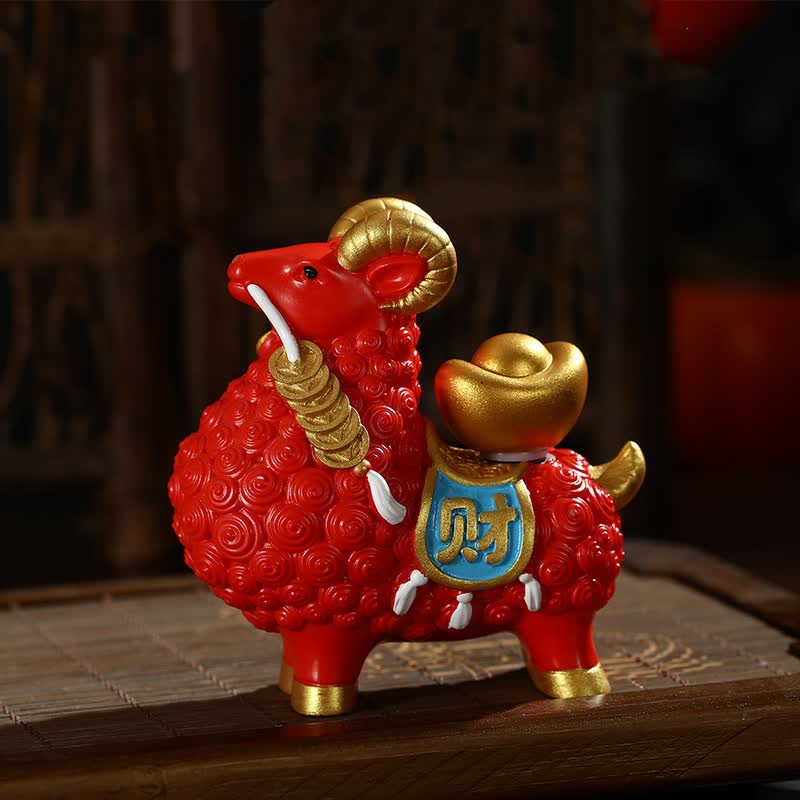 Buddha Stones 樹脂製豊かさヤギ羊幸運繁栄バッグインゴットひょうたん柿デスクトップオーナメントかわいい動物装飾 - 赤金地金 - image 0