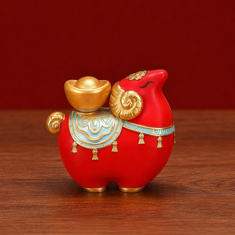 Buddha Stones 樹脂製中国十二支 羊・ひょうたん・銅貨幸運繁栄の袋豊かさの置物 かわいい動物の装飾 - 赤い縁起の良い羊 - image 1