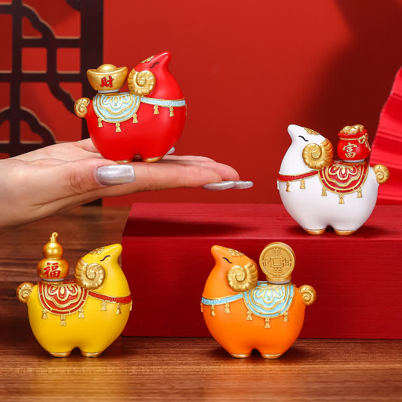Buddha Stones 樹脂製中国十二支 羊・ひょうたん・銅貨幸運繁栄の袋豊かさの置物 かわいい動物の装飾 - image 0