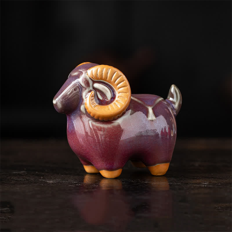 Buddha Stones 縁起の良い陶器製のヤギの雄羊の卓上かわいい動物装飾 - 紫色　約10.0cm×5.6cm×8.2cm - image 1