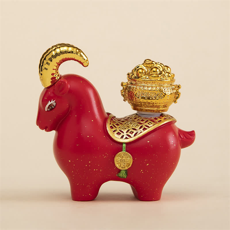 Buddha Stones 樹脂製十二支の羊（ひつじ）豊かさのインゴットひょうたんデスクアクセントかわいい動物装飾 - レッドゴートインゴット - image 1