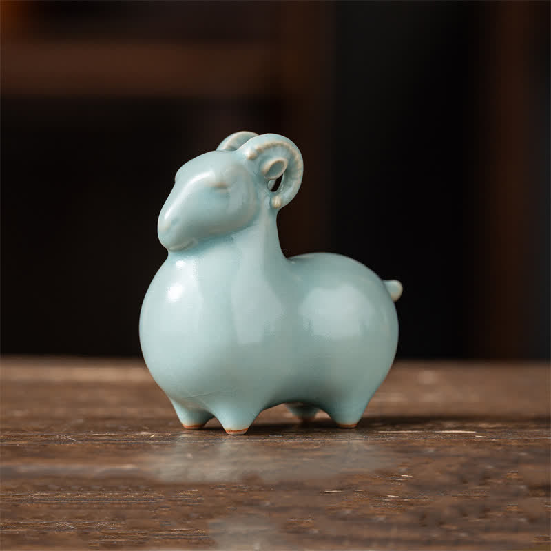 Buddha Stones 豊かさをもたらす陶器のヤギ かわいい動物の装飾 - 青色 - 小さな羊　約8.2cm×4.8cm×8.3cm - image 1