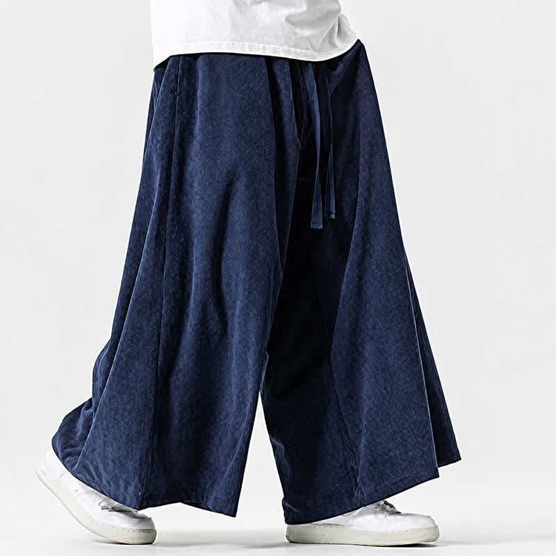 Buddha Stones 秋冬向け シンプル クラシック ドローストリング 無地 コーデュロイ アンクルパンツ メンズ ワイドレッグパンツ ポケット付き - image 1