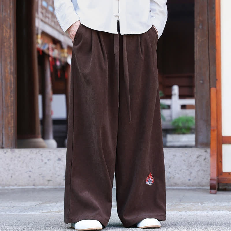 Buddha Stones 秋冬カジュアルヴィンテージドローストリング刺繍無地ロングパンツメンズストレートレッグパンツポケット付き - image 1