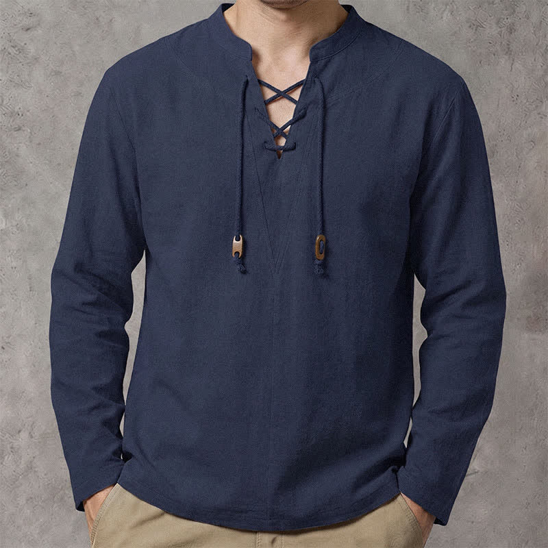Buddha Stones 春秋カジュアル ドローストリング マンダリンカラー 無地 メンズ長袖シャツ - 海軍 - US/UK/AU42, EU52 （3XL） - image 0