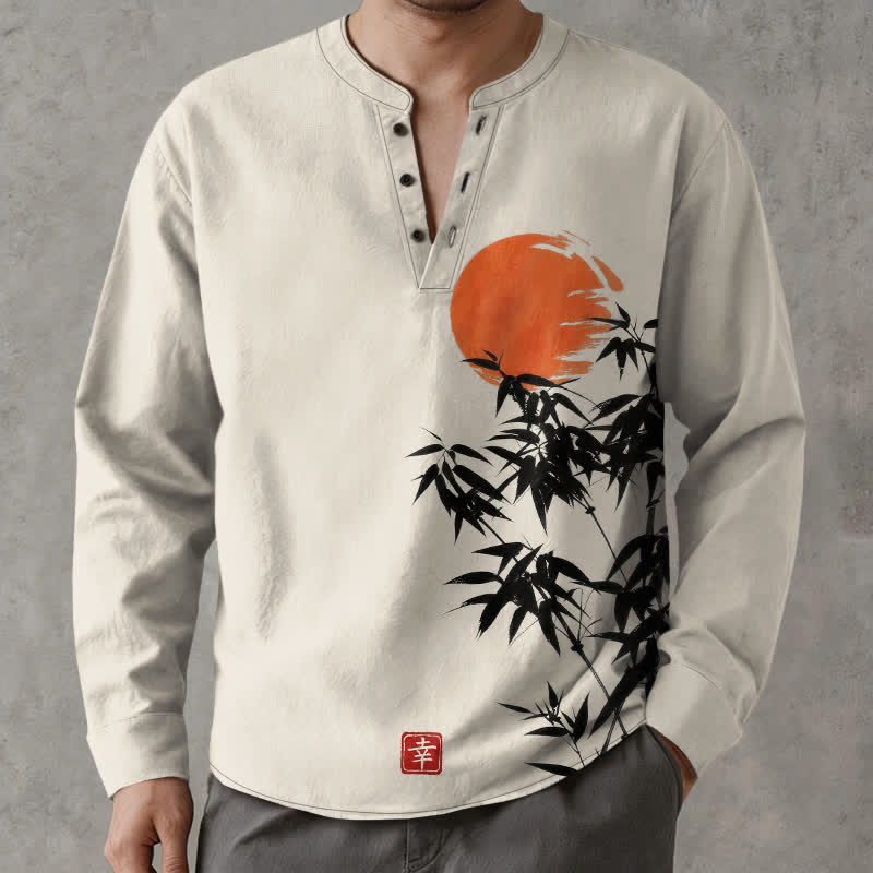 Buddha Stones コットンインク 竹と太陽柄 Vネックボタン メンズ長袖シャツ - リネン - US/UK/AU48、 EU58 (4XL) - image 0