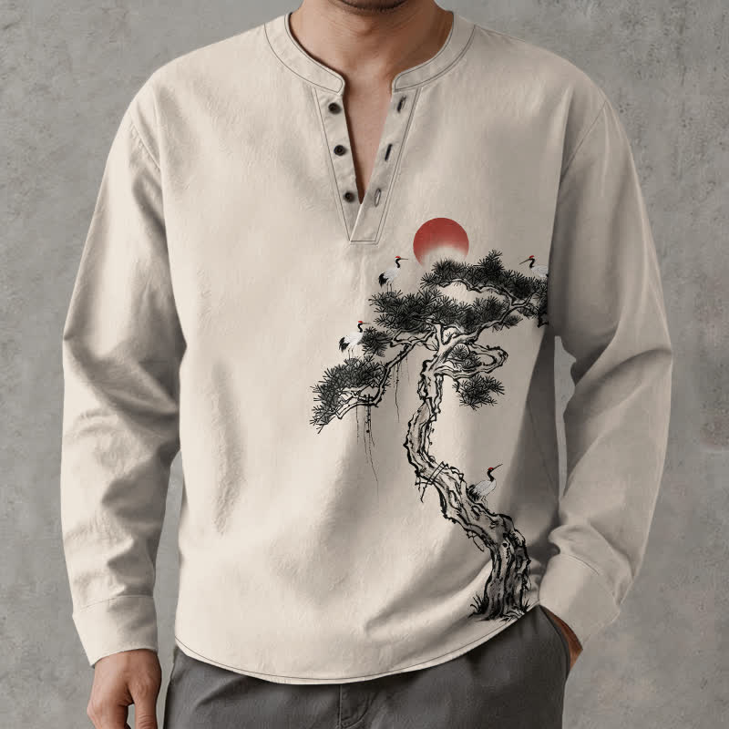 Buddha Stones コットンインク パインレッド サンバード柄 Vネックボタン メンズ長袖シャツ - image 1