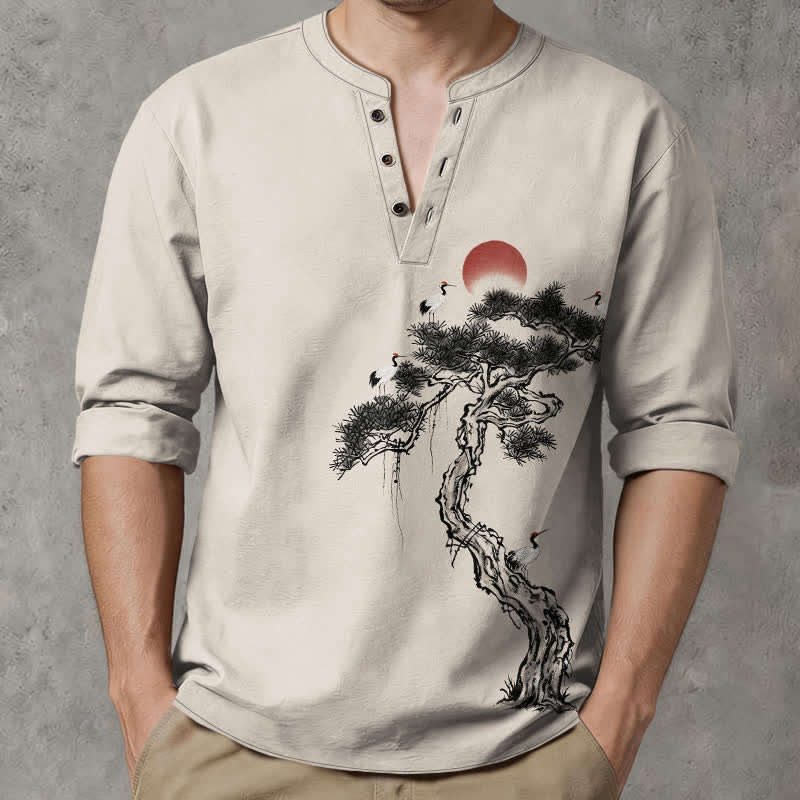 Buddha Stones コットンインク パインレッド サンバード柄 Vネックボタン メンズ長袖シャツ - リネン - US/UK/AU48、 EU58 (4XL) - image 0