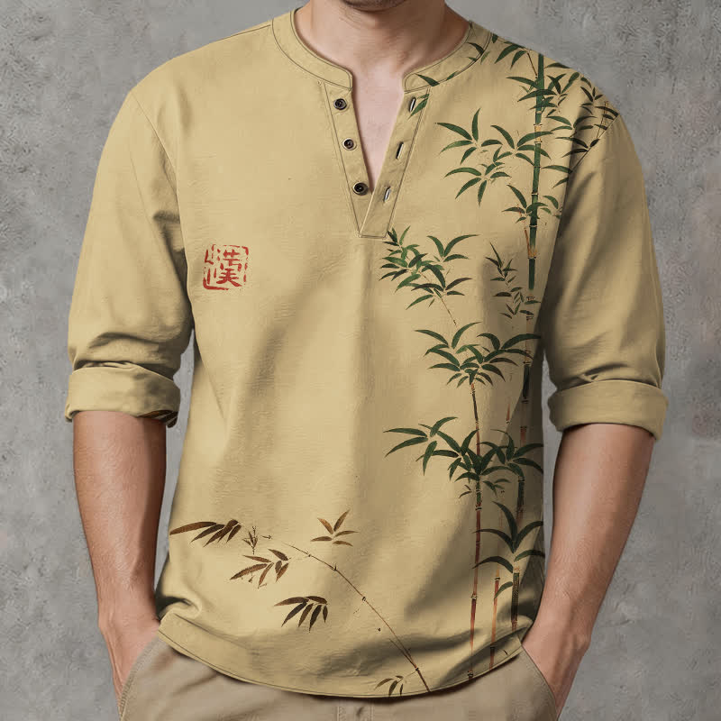 Buddha Stones 綿素材、東洋風竹印柄、Vネックボタン付きメンズ長袖シャツ - タン - US/UK/AU48、 EU58 (4XL) - image 0
