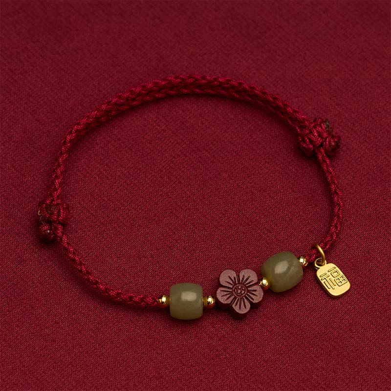 Buddha Stones 辰砂の福文字花赤紐の良縁祈願ブレスレット - image 1