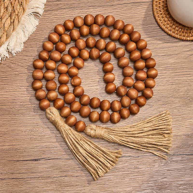 Buddha Stones ファームハウス風ブラウンビーズタッセルアクセントガーランド　マインドフルリビングデコレーション - 木材 - image 0