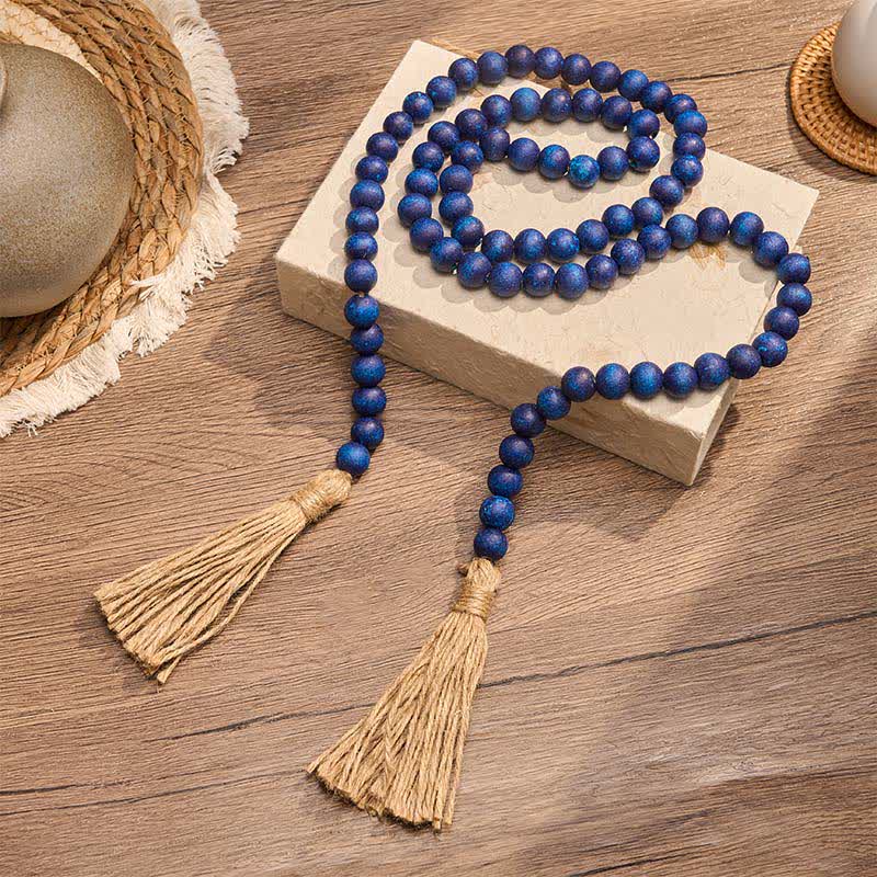 Buddha Stones ブルーの素朴な木製ビーズタッセルガーランド マインドフルリビングデコレーション - image 1