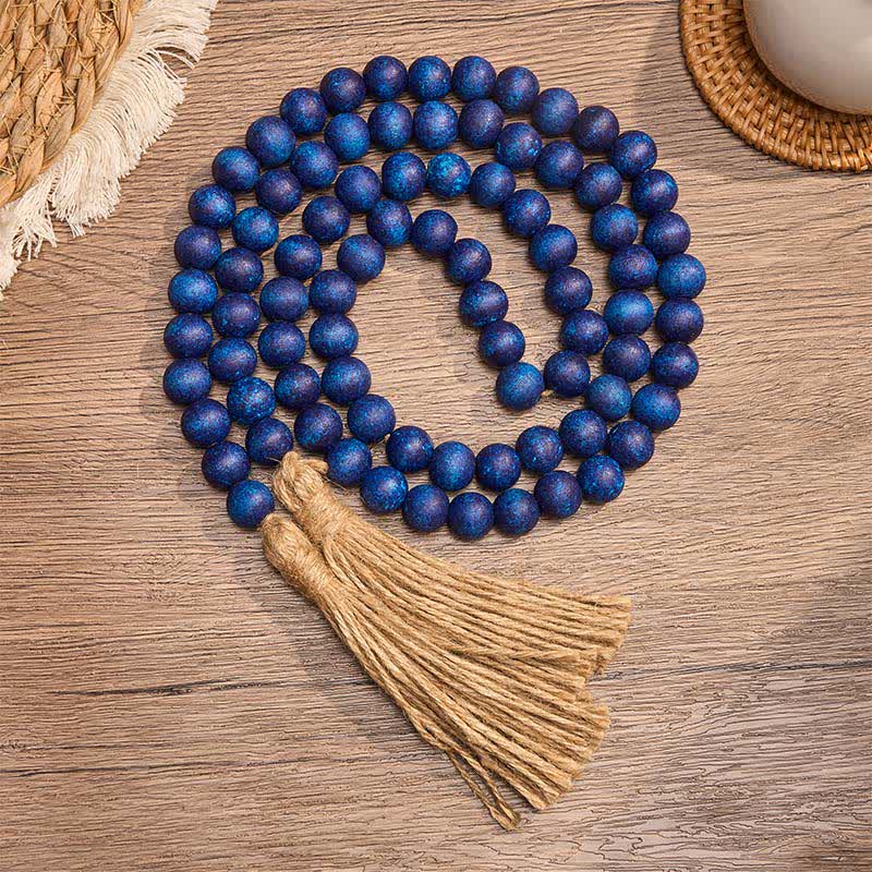 Buddha Stones ブルーの素朴な木製ビーズタッセルガーランド マインドフルリビングデコレーション - 木材 - image 0