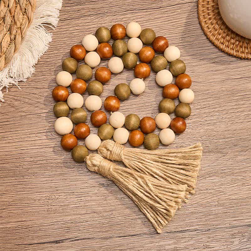 Buddha Stones ファームハウス風レイヤードウッドビーズタッセルガーランド　マインドフルリビングデコレーション - 100cm - image 0