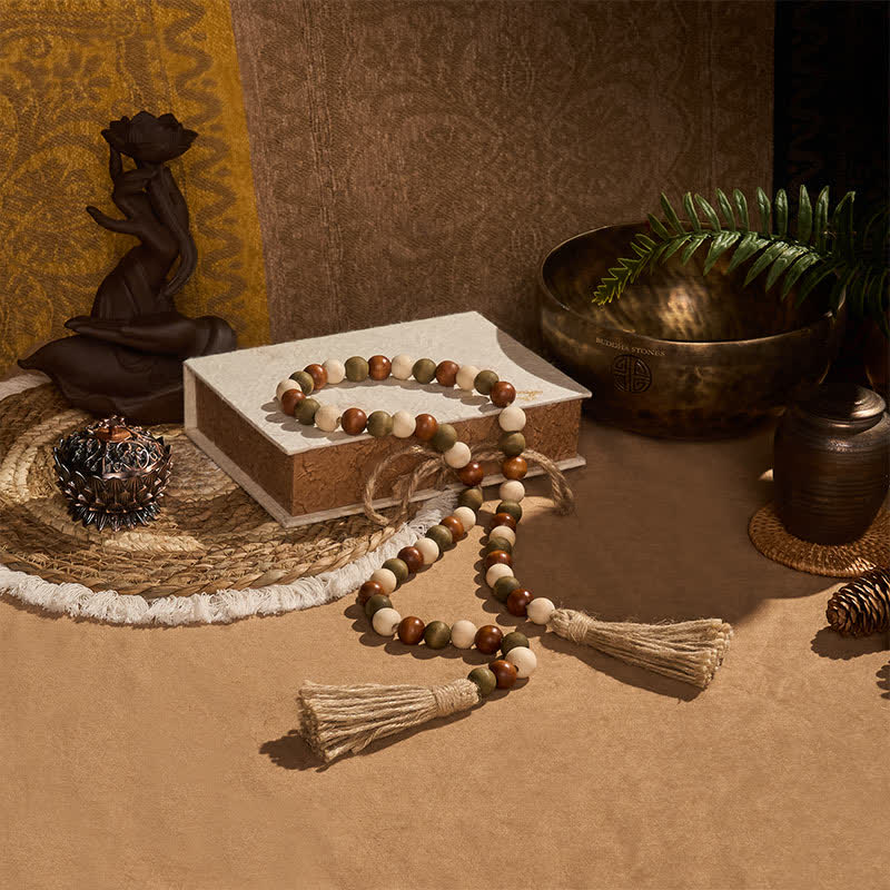 Buddha Stones ファームハウス風レイヤードウッドビーズタッセルガーランド　マインドフルリビングデコレーション - image 1