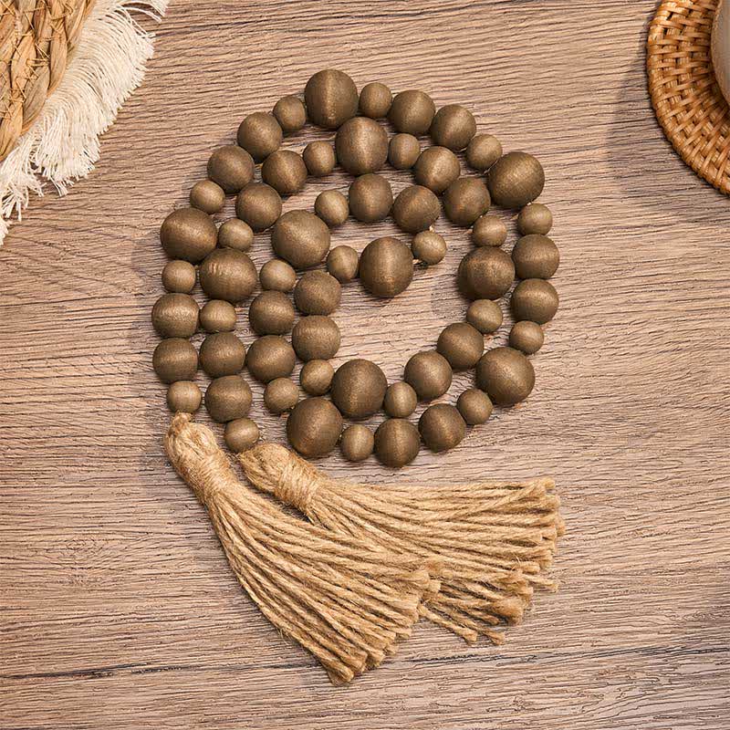 Buddha Stones 素朴な木製ビーズのダブルタッセル吊り下げ式マインドフルリビング装飾 - バーリーウッド - image 0