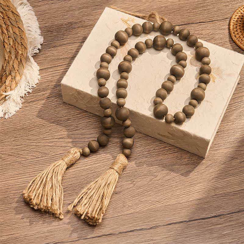 Buddha Stones 素朴な木製ビーズのダブルタッセル吊り下げ式マインドフルリビング装飾 - image 1