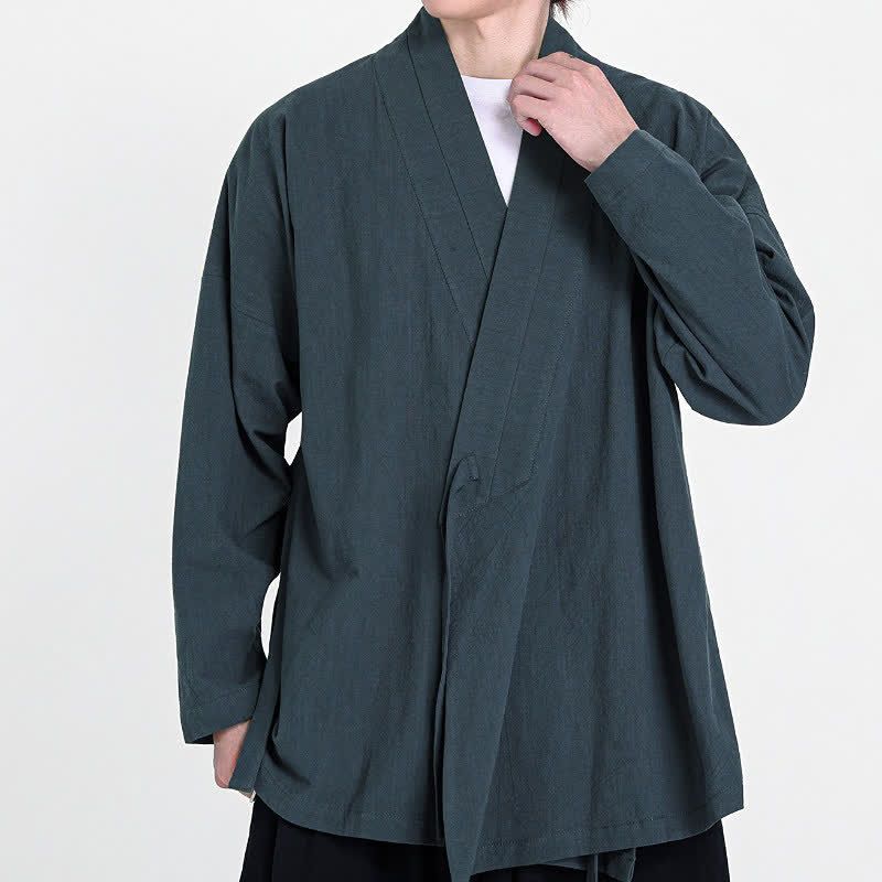 Buddha Stones 春秋向け唐風ミニマリストドローストリング無地メンズ着物 - スレートグレー - US/UK/AU46, EU56 （5XL） - image 0