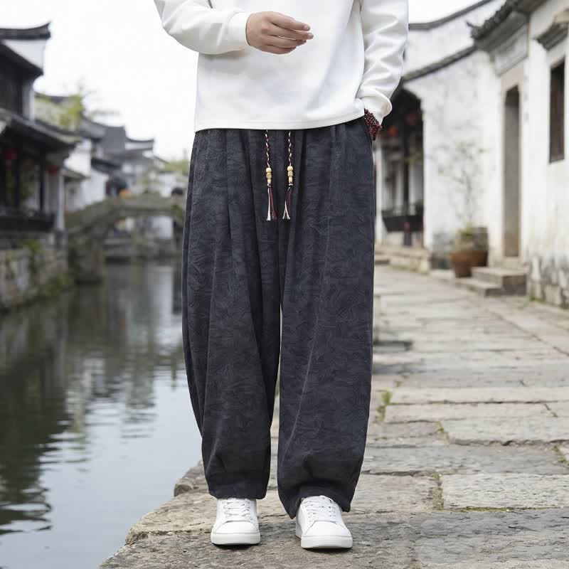Buddha Stones 秋冬カジュアルヴィンテージドローストリング無地アンクルパンツコーデュロイメンズストレートレッグパンツポケット付き - 黒 - US/UK/AU48, EU58 （6XL） - image 0