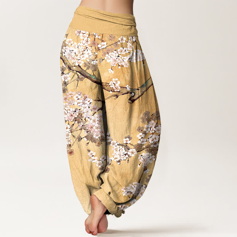 Buddha Stones 綿素材の桜の枝柄レディースゴムウエストハーレムパンツ - image 1