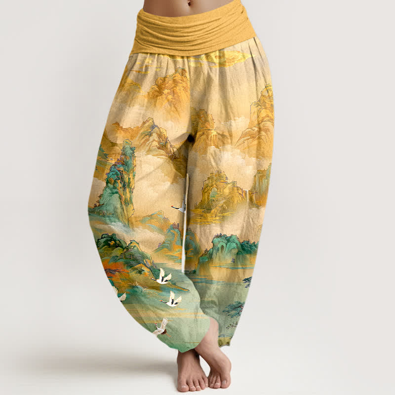 Buddha Stones 綿素材のオリエンタル鶴柄レディースゴムウエストハーレムパンツ - 金 - US16、 UK/AU20、 EU48 (3XL) - image 0