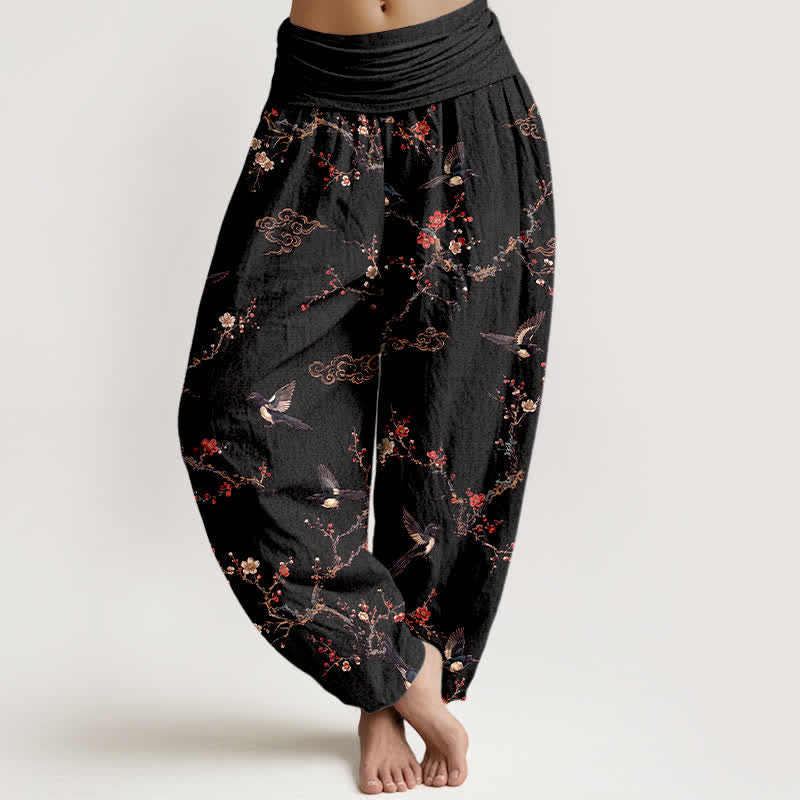 Buddha Stones 綿の燕梅柄 レディース ゴムウエスト ハーレムパンツ - 黒 - US16、 UK/AU20、 EU48 (3XL) - image 0