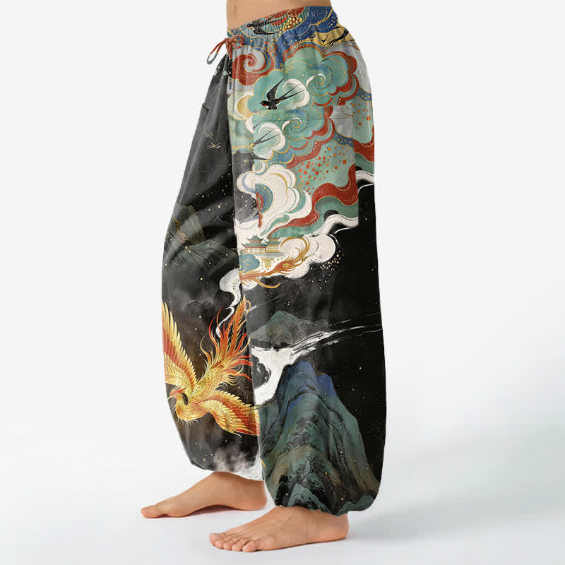 Buddha Stones 綿素材、東洋風鳳凰雲柄、レディース用ゴムウエストハーレムパンツ（サイドポケット付き） - image 1