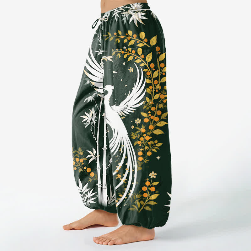 Buddha Stones 綿素材の鶴と竹の花柄のレディース用ゴムウエストハーレムパンツ（サイドポケット付き） - image 1