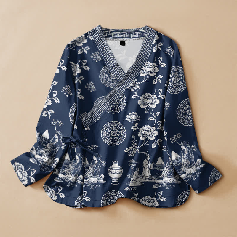 Buddha Stones 綿素材の牡丹柄磁器風花柄プリント漢服風ラップVネックレースアップレディース長袖シャツ着物 - 海軍 - US16、 UK/AU20、 EU48 (3XL) - image 0
