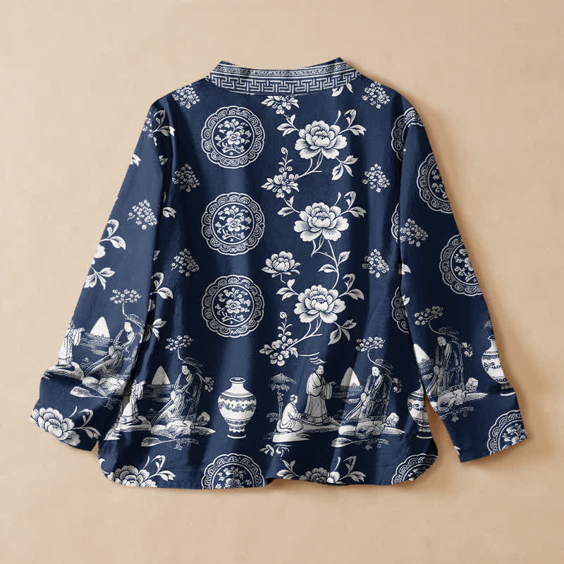Buddha Stones 綿素材の牡丹柄磁器風花柄プリント漢服風ラップVネックレースアップレディース長袖シャツ着物 - image 1