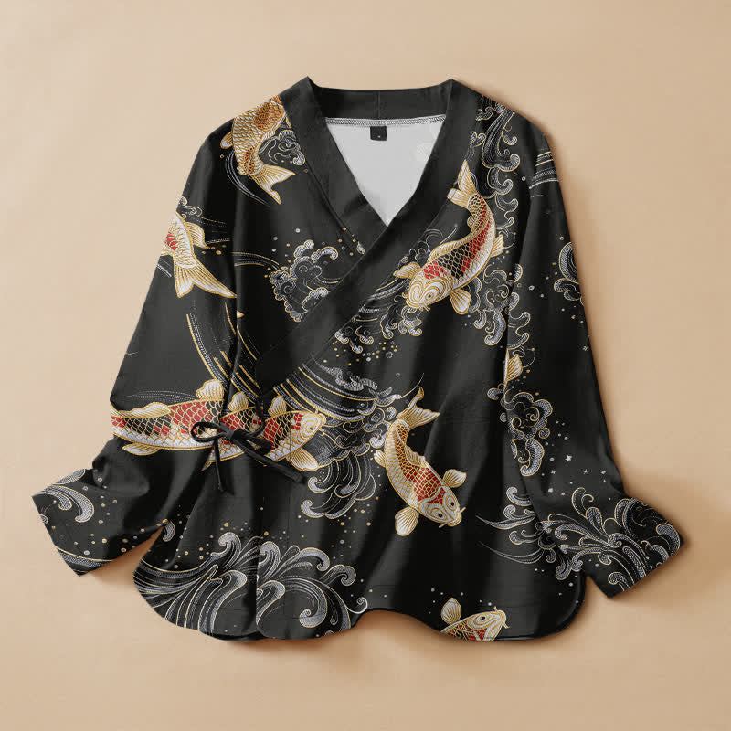 Buddha Stones 綿素材の金色の鯉の波模様プリントの漢服風ラップVネックレースアップレディース長袖シャツ着物 - 黒 - US16、 UK/AU20、 EU48 (3XL) - image 0